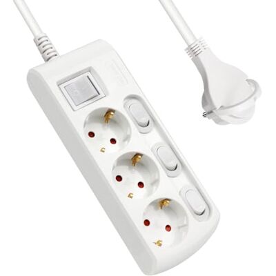 EXTRASTAR Extensão Elétrica com 3 Tomadas + 3 Interruptores Individuais, 1 Interruptor Principal, Cabo 1,5M Tomada Plana, para Casa, Escritório e Viagens, 16A, 250V, 3680W, Branco EXTRASTAR Extensão Elétrica com 3 Tomadas + 3 Interruptores Individuais, 1 Interruptor Principal, Cabo 1,5M Tomada Plana, para Casa, Escritório e Viagens, 16A, 250V, 3680W, Branco