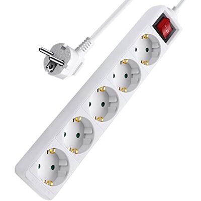 EXTRASTAR Extensão Alargadora com 5 Tomadas e Interruptor, 1,5 Metros, Proteção Infantil, até Carregamento 3680W, 16A, Branco EXTRASTAR Extensão Alargadora com 5 Tomadas e Interruptor, 1,5 Metros, Proteção Infantil, até Carregamento 3680W, 16A, Branco