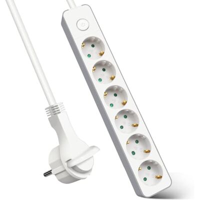 EXTRASTAR Extensão de tomada com 6 tomadas, extensão de tomada com interruptor, 5 m, para casa, escritório e viagens, 3680W, 3G x 1,5 mm², branco, 1 unidade EXTRASTAR Extensão de tomada com 6 tomadas, extensão de tomada com interruptor, 5 m, para casa, escritório e viagens, 3680W, 3G x 1,5 mm², branco, 1 unidade