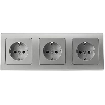 ChiliTec DELPHI Conjunto de 3 tomadas embutidas, cinzento prateado, montagem embutida, 3 tomadas de contacto de proteção de 250 V, com moldura de 3 tomadas ChiliTec DELPHI Conjunto de 3 tomadas embutidas, cinzento prateado, montagem embutida, 3 tomadas de contacto de proteção de 250 V, com moldura de 3 tomadas