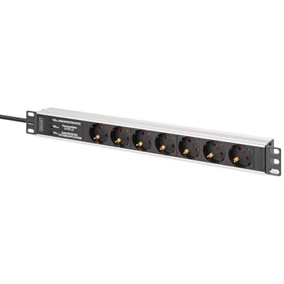 Digitus Extensão de tomadas de 19" – 7 tomadas – 1U – com interruptor de proteção de linha, proteção contra picos de tensão – 230 V CA 50/60 Hz 16 A 3600 W – para armários de rede de 19 polegadas Digitus Extensão de tomadas de 19" – 7 tomadas – 1U – com interruptor de proteção de linha, proteção contra picos de tensão – 230 V CA 50/60 Hz 16 A 3600 W – para armários de rede de 19 polegadas
