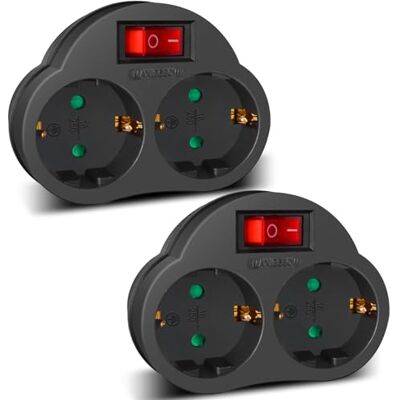 EXTRASTAR Adaptador 2 em 1 com Interruptor e 2 Tomadas Schuko, Adaptador de Extensão Elétrica, até Carregamento 3680W, 16A/250V~, Preto, 2 Peças EXTRASTAR Adaptador 2 em 1 com Interruptor e 2 Tomadas Schuko, Adaptador de Extensão Elétrica, até Carregamento 3680W, 16A/250V~, Preto, 2 Peças