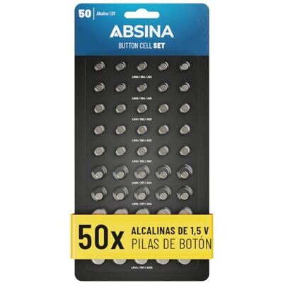 ABSINA Pack de 50 pilhas botão alcalinas 10 x AG1 LR621 / 15x AG3 LR41 / 10x AG4 LR66 / 10x AG10 LR1130 / 5X AG13 LR44 Variedade 1,5 V à prova de fugas Set de pilhas variadas adas, baterias ABSINA Pack de 50 pilhas botão alcalinas 10 x AG1 LR621 / 15x AG3 LR41 / 10x AG4 LR66 / 10x AG10 LR1130 / 5X AG13 LR44 Variedade 1,5 V à prova de fugas Set de pilhas variadas adas, baterias