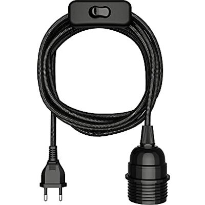 ledscom.de Cabo têxtil LEKA, tomada, interruptor, preto, 3 m, suporte para lâmpadas, 1 x E27 máx. 60W ledscom.de Cabo têxtil LEKA, tomada, interruptor, preto, 3 m, suporte para lâmpadas, 1 x E27 máx. 60W