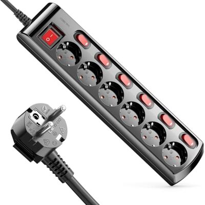 deleyCON Extensão de 6 tomadas comutável individualmente cabo de 1,4 m (6 x interruptor de ligar/desligar e 1 x interruptor principal) alimentação tomada base de tomada múltipla preto deleyCON Extensão de 6 tomadas comutável individualmente cabo de 1,4 m (6 x interruptor de ligar/desligar e 1 x interruptor principal) alimentação tomada base de tomada múltipla preto