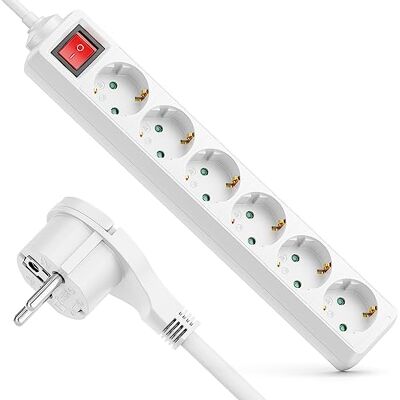 deleyCON Extensão de 6 tomadas com tomada plana e interruptor, 1,4 m, capa robusta, interior, branca deleyCON Extensão de 6 tomadas com tomada plana e interruptor, 1,4 m, capa robusta, interior, branca