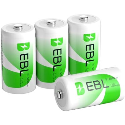 EBL C Bateria 5000 mAh bateria recarregável NI-MH embalagem de 4 com caixa de armazenamento, bateria tipo C EBL C Bateria 5000 mAh bateria recarregável NI-MH embalagem de 4 com caixa de armazenamento, bateria tipo C
