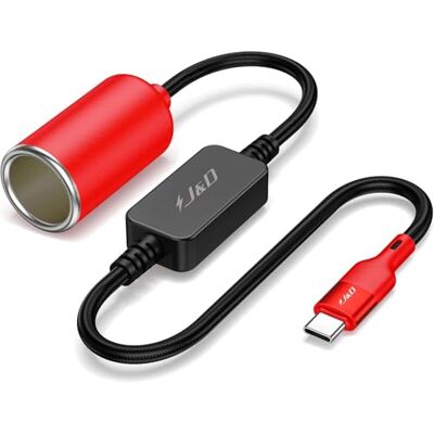 J&D Cabo conversor de USB C macho para tomada de isqueiro de 12 V, cabo de alimentação 12 V 18 W para Dash CAM, GPS, tiras de luzes LED para automóvel, vermelho, 90 cm J&D Cabo conversor de USB C macho para tomada de isqueiro de 12 V, cabo de alimentação 12 V 18 W para Dash CAM, GPS, tiras de luzes LED para automóvel, vermelho, 90 cm