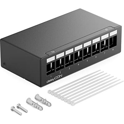 deleyCON Painel de remendo 8 portas, capa 1HE para módulos Keystone 14,9 mm x 17 mm por exemplo com tomada oxial RJ45 conector F conector de antena RJ-11 bocas Cinch USB Toslink PS2 HDMI preto deleyCON Painel de remendo 8 portas, capa 1HE para módulos Keystone 14,9 mm x 17 mm por exemplo com tomada oxial RJ45 conector F conector de antena RJ-11 bocas Cinch USB Toslink PS2 HDMI preto