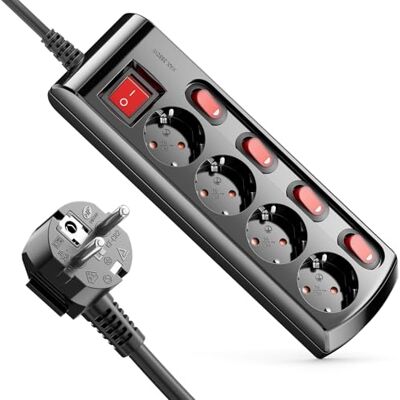 deleyCON Extensão de 4 tomadas comutável individualmente cabo de 3,0 m (4 x interruptor de ligar/desligar e 1 x interruptor principal) alimentação tomada base de tomada múltipla preto deleyCON Extensão de 4 tomadas comutável individualmente cabo de 3,0 m (4 x interruptor de ligar/desligar e 1 x interruptor principal) alimentação tomada base de tomada múltipla preto