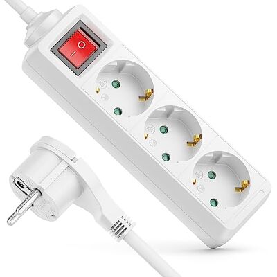 deleyCON Extensão de 3 tomadas com tomada plana e interruptor, 1,4 m, capa robusta, interior, branca deleyCON Extensão de 3 tomadas com tomada plana e interruptor, 1,4 m, capa robusta, interior, branca