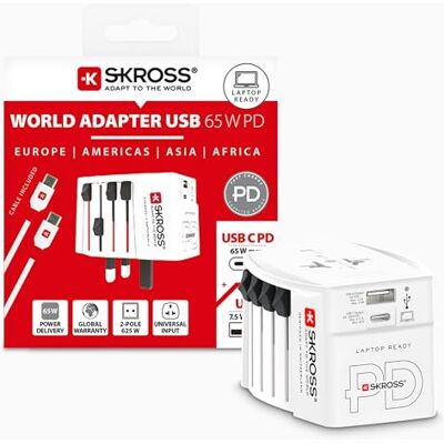 SKROSS -MUV USB AC65PD com cabo USB-C (160 cm) adaptador de viagem universal de 2 pinos 1 x USB C e 1 x USB 65 W Tensão e potência: 100 V 250 W/250 V 625 W para portáteis, tablets e SKROSS -MUV USB AC65PD com cabo USB-C (160 cm) adaptador de viagem universal de 2 pinos 1 x USB C e 1 x USB 65 W Tensão e potência: 100 V 250 W/250 V 625 W para portáteis, tablets e