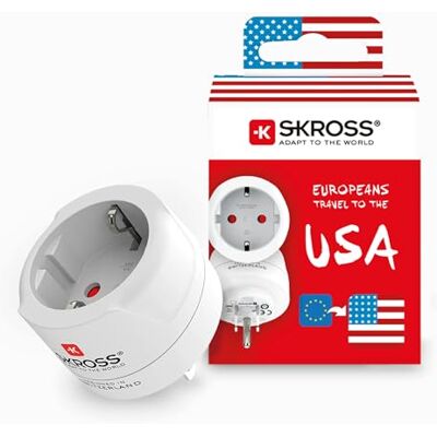 Skross 1.500203-E Europa para EUA Adaptador de viagem internacional Entrada de tomada EU ou Shuko, saída de tomada dos EUA Tensão 100V-1500W/250V-1750W. Proteção contra choques elétricos Skross 1.500203-E Europa para EUA Adaptador de viagem internacional Entrada de tomada EU ou Shuko, saída de tomada dos EUA Tensão 100V-1500W/250V-1750W. Proteção contra choques elétricos
