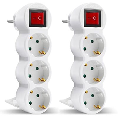 EXTRASTAR 3 em 1 adaptador plano com interruptor e três tomadas Schuko, até Carge 3680W, 16A, 250 V, branco, 2 unidades EXTRASTAR 3 em 1 adaptador plano com interruptor e três tomadas Schuko, até Carge 3680W, 16A, 250 V, branco, 2 unidades