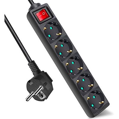 EXTRASTAR Extensão elétrica com 5 tomadas e interruptor, cabo de 3 m, para casa, escritório e viagens, MAX 3680W, 16A, 250V, preto, 1 unidade EXTRASTAR Extensão elétrica com 5 tomadas e interruptor, cabo de 3 m, para casa, escritório e viagens, MAX 3680W, 16A, 250V, preto, 1 unidade