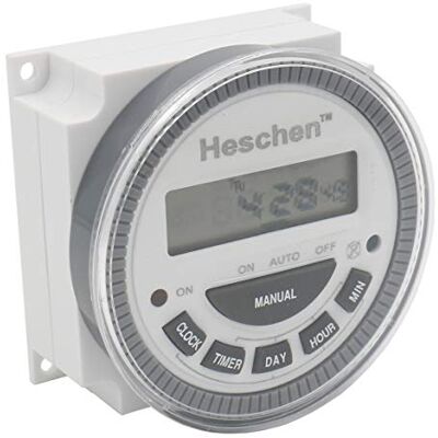 Heschen Interruptor de relé programável semanal com ecrã LCD digital, 220-250 VCA, 16 A, SPST, 4 pinos Heschen Interruptor de relé programável semanal com ecrã LCD digital, 220-250 VCA, 16 A, SPST, 4 pinos