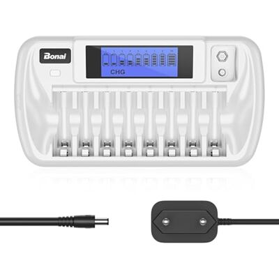 BONAI Carregador pilhas universal para pilhas AA AAA Ni-MH e 9 V com adaptador AC (8 1 ranhuras) BONAI Carregador pilhas universal para pilhas AA AAA Ni-MH e 9 V com adaptador AC (8 1 ranhuras)