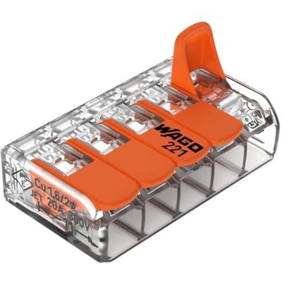WAGO Os terminais 221-415 5 pólos, até 4 mm2, conectores de cabo COMPACTos com alavanca para todos os tipos de condutor do mundo, confirmam a segurança da aplicação, 8 peças WAGO Os terminais 221-415 5 pólos, até 4 mm2, conectores de cabo COMPACTos com alavanca para todos os tipos de condutor do mundo, confirmam a segurança da aplicação, 8 peças
