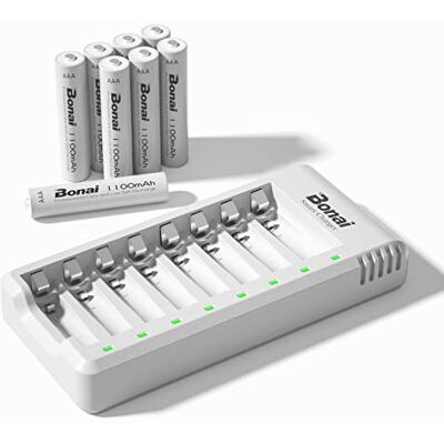BONAI Carregador de pilhas recarregáveis com 8 peças de 1100 mAh AAA Ni-MH pilhas recarregáveis, 8 ranhuras independentes com luzes LED (carregamento rápido USB) BONAI Carregador de pilhas recarregáveis com 8 peças de 1100 mAh AAA Ni-MH pilhas recarregáveis, 8 ranhuras independentes com luzes LED (carregamento rápido USB)