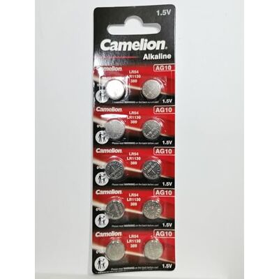Camelion 10 Ag10 / Lr54 / 189 / 389 / Lr1130 Pack de 10 pilhas alcalinas, longa duração (data de validade marcada) Camelion 10 Ag10 / Lr54 / 189 / 389 / Lr1130 Pack de 10 pilhas alcalinas, longa duração (data de validade marcada)