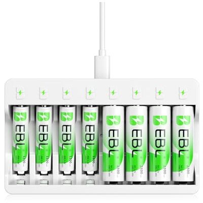 EBL Carregador rápido de pilhas com 4 x AA 2800 mAh e 4 x AAA 1100 mAh, carregador inteligente LED Ni-MH USB 5 V 2A e proteção múltipla EBL Carregador rápido de pilhas com 4 x AA 2800 mAh e 4 x AAA 1100 mAh, carregador inteligente LED Ni-MH USB 5 V 2A e proteção múltipla