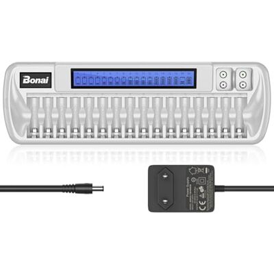 BONAI Carregador Universal de Pilhas LCD de 18 Ranhuras para Pilhas Recarregáveis AA AAA Ni-MH Ni-CD e 9V Li-Ion com Adaptador AC BONAI Carregador Universal de Pilhas LCD de 18 Ranhuras para Pilhas Recarregáveis AA AAA Ni-MH Ni-CD e 9V Li-Ion com Adaptador AC