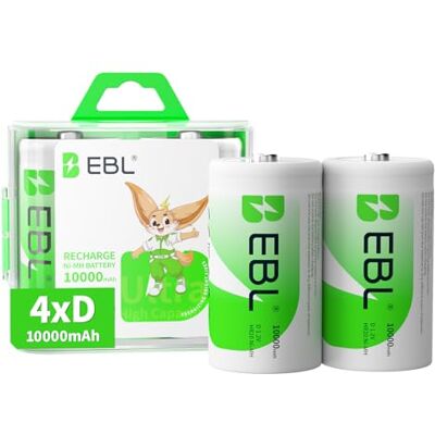 EBL Pilhas D recarregáveis 1,2 V Ni-MH 10000 mAh de alta capacidade para remoto, brinquedo, rádio, lanterna (4 unidades) EBL Pilhas D recarregáveis 1,2 V Ni-MH 10000 mAh de alta capacidade para remoto, brinquedo, rádio, lanterna (4 unidades)