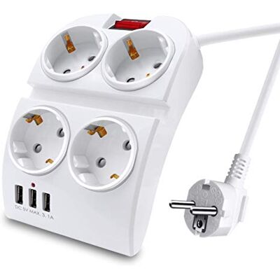 EXTRASTAR Extensão elétrica com 4 tomadas e 3 portas USB e interruptor, cabo de alimentação de 1,5 metros, com tomada elétrica e proteção para crianças Europa, branco, 3680W 230V 16A EXTRASTAR Extensão elétrica com 4 tomadas e 3 portas USB e interruptor, cabo de alimentação de 1,5 metros, com tomada elétrica e proteção para crianças Europa, branco, 3680W 230V 16A