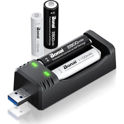 BONAI Carregador de bateria com pilhas recarregáveis 2X AA e 2X AAA de 1,2 V, 2800/1100 mAh, alta capacidade, carregador rápido USB para pilhas AA, AAA e Ni-MH BONAI Carregador de bateria com pilhas recarregáveis 2X AA e 2X AAA de 1,2 V, 2800/1100 mAh, alta capacidade, carregador rápido USB para pilhas AA, AAA e Ni-MH