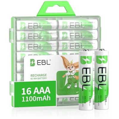 EBL 1100mAh AAA Pilhas recarregáveis Ni-MH de 1,2V para equipamentos domésticos (16 Unidades) EBL 1100mAh AAA Pilhas recarregáveis Ni-MH de 1,2V para equipamentos domésticos (16 Unidades)