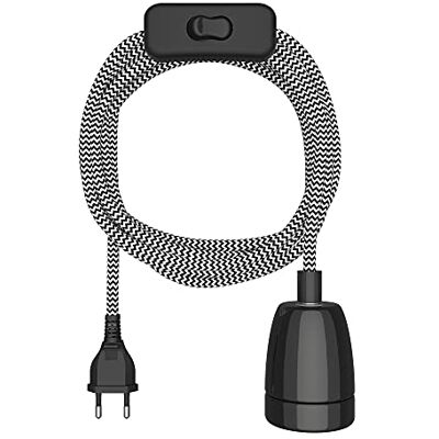 ledscom.de Cabo têxtil LEHA II, tomada, interruptor, preto, branco, dentado, 3 m, tomada de porcelana, 1 x E27 máx. 300W ledscom.de Cabo têxtil LEHA II, tomada, interruptor, preto, branco, dentado, 3 m, tomada de porcelana, 1 x E27 máx. 300W