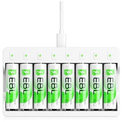 EBL Carregador rápido de pilhas com 8 x pilhas recarregáveis AA, carregador de 8 ranhuras independentes, carregamento USB e proteção múltipla EBL Carregador rápido de pilhas com 8 x pilhas recarregáveis AA, carregador de 8 ranhuras independentes, carregamento USB e proteção múltipla