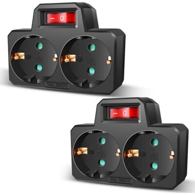 EXTRASTAR Adaptador 2 em 1 com Interruptor e 2 Tomadas Schuko, até Carga 3680W, 250V, 16A, Branco, Adaptador de Extensão, Preto, 2 pcs EXTRASTAR Adaptador 2 em 1 com Interruptor e 2 Tomadas Schuko, até Carga 3680W, 250V, 16A, Branco, Adaptador de Extensão, Preto, 2 pcs