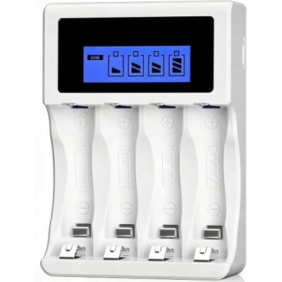 BONAI Carregador LCD de Pilhas Recarregáveis de AA AAA Ni-MH, 4 Ranhuras Independentes, Carregador Universal de Pilhas com Ecrã LCD (Porta USB) BONAI Carregador LCD de Pilhas Recarregáveis de AA AAA Ni-MH, 4 Ranhuras Independentes, Carregador Universal de Pilhas com Ecrã LCD (Porta USB)