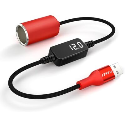 J&D Cabo adaptador USB-A para isqueiro de 12 V, conversor USB-A DC 12 V de 18 W para câmara de painel, GPS, gravador de condução com ecrã de tensão, cabo vermelho resistente, 0,3 m J&D Cabo adaptador USB-A para isqueiro de 12 V, conversor USB-A DC 12 V de 18 W para câmara de painel, GPS, gravador de condução com ecrã de tensão, cabo vermelho resistente, 0,3 m
