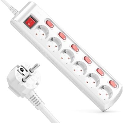 deleyCON Extensão de 6 tomadas comutável individualmente cabo de 3,0 m (6 x interruptor de ligar/desligar e 1 x interruptor principal) alimentação tomada base de tomada múltipla branco deleyCON Extensão de 6 tomadas comutável individualmente cabo de 3,0 m (6 x interruptor de ligar/desligar e 1 x interruptor principal) alimentação tomada base de tomada múltipla branco