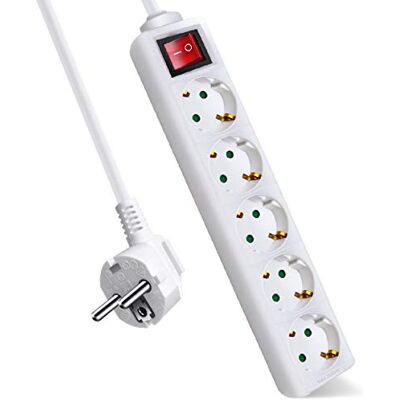 EXTRASTAR Extensão com 5 tomadas e interruptor, cabo 3 m, para casa, escritório e viagens, 16 A, 250 V, 3680 W, branco EXTRASTAR Extensão com 5 tomadas e interruptor, cabo 3 m, para casa, escritório e viagens, 16 A, 250 V, 3680 W, branco