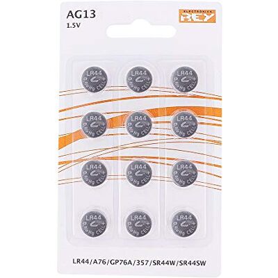 REY Pacote de 12 pilhas AG13 1,5 V tipo botão de lítio, LR44, A76, GP76A, 357, SR44W, SR44SW REY Pacote de 12 pilhas AG13 1,5 V tipo botão de lítio, LR44, A76, GP76A, 357, SR44W, SR44SW