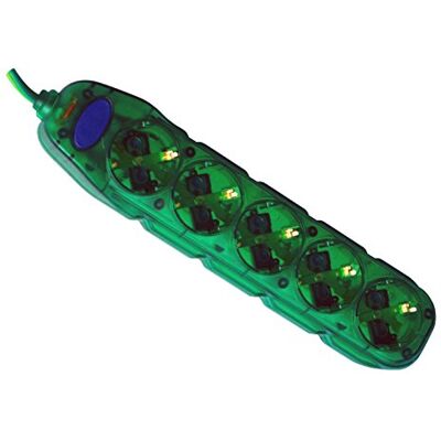 Electraline Tomada com interruptor de 5 tomadas, cabo 3G1 de 1,5 m, cor verde transparente Electraline Tomada com interruptor de 5 tomadas, cabo 3G1 de 1,5 m, cor verde transparente