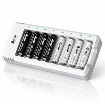 BONAI Carregador de pilhas Ni-MH recarregáveis com 4 peças 2800 mAh AA e 4 peças 1100 mAh AAA Ni-MH baterias recarregáveis com porta USB BONAI Carregador de pilhas Ni-MH recarregáveis com 4 peças 2800 mAh AA e 4 peças 1100 mAh AAA Ni-MH baterias recarregáveis com porta USB