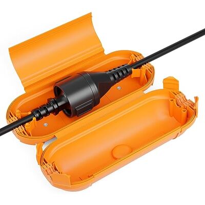 deleyCON Caixa de proteção ao ar livre IP44 para cabo elétrico cabo extensão resistente ao clima anti-salpicos para exterior caixa de proteção condutor cobertura com cablagem laranja deleyCON Caixa de proteção ao ar livre IP44 para cabo elétrico cabo extensão resistente ao clima anti-salpicos para exterior caixa de proteção condutor cobertura com cablagem laranja