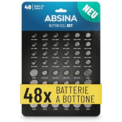 ABSINA Pacote de 48 pilhas botão alcalinas & lítio 4X AG1 LR621 / 4X AG3 LR41 / 8X AG4 LR66 / 8X AG10 LR1130 / 8X AG13 LR44 / 4X CR2016 / 4X CR2025 / 8X CR2032 Pilha 1,5V & 3V Baterias de botão ABSINA Pacote de 48 pilhas botão alcalinas & lítio 4X AG1 LR621 / 4X AG3 LR41 / 8X AG4 LR66 / 8X AG10 LR1130 / 8X AG13 LR44 / 4X CR2016 / 4X CR2025 / 8X CR2032 Pilha 1,5V & 3V Baterias de botão
