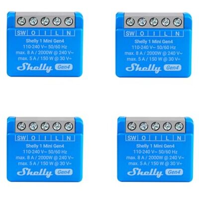 Shelly 1 Mini Gen4, pacote de 4, interruptor de relé inteligente WiFi, 1 canal, 8A, contacto sem potencial, automação doméstica, controlo remoto, sem necessidade de hub, Alexa, Google Home, Apple Shelly 1 Mini Gen4, pacote de 4, interruptor de relé inteligente WiFi, 1 canal, 8A, contacto sem potencial, automação doméstica, controlo remoto, sem necessidade de hub, Alexa, Google Home, Apple