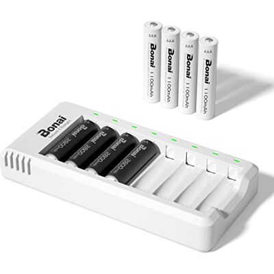 BONAI Carregador de pilhas Ni-MH recarregáveis com 4 peças 2800 mAh AA e 4 peças 1100 mAh AAA Ni-MH baterias recarregáveis com porta USB BONAI Carregador de pilhas Ni-MH recarregáveis com 4 peças 2800 mAh AA e 4 peças 1100 mAh AAA Ni-MH baterias recarregáveis com porta USB