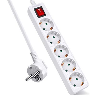 EXTRASTAR Extensão com 5 tomadas e interruptor, cabo de 1,5 m, 5 tomadas com tira para casa, escritório e viagens, MAX 3680W, 16A, 250 V, branco, 1 unidade EXTRASTAR Extensão com 5 tomadas e interruptor, cabo de 1,5 m, 5 tomadas com tira para casa, escritório e viagens, MAX 3680W, 16A, 250 V, branco, 1 unidade