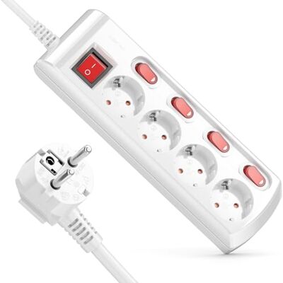 deleyCON Extensão de 4 tomadas comutável individualmente cabo de 3,0 m (4 x interruptor de ligar/desligar e 1 x interruptor principal) alimentação tomada base de tomada múltipla branco deleyCON Extensão de 4 tomadas comutável individualmente cabo de 3,0 m (4 x interruptor de ligar/desligar e 1 x interruptor principal) alimentação tomada base de tomada múltipla branco