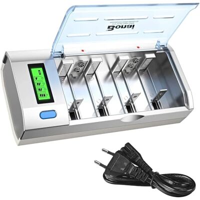 BONAI Carregador de pilhas rápido, carregador de pilhas recarregáveis universal para AA/AAA/SC/C/D/9V NI-MH bateria recarregável, carregador de bateria inteligente com ecrã LCD e função de BONAI Carregador de pilhas rápido, carregador de pilhas recarregáveis universal para AA/AAA/SC/C/D/9V NI-MH bateria recarregável, carregador de bateria inteligente com ecrã LCD e função de