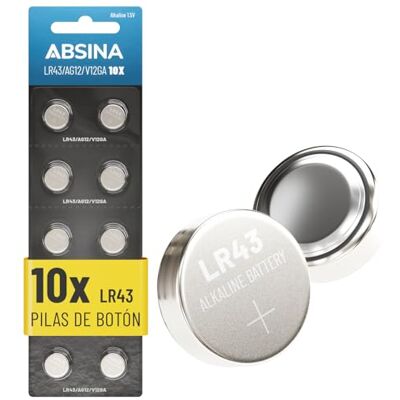 ABSINA 10 x pilhas botão AG12 LR43 pilhas alcalinas de 1,5 V LR43, à prova de fugas e de longa duração LR 43/186 / LR1142 / L1142 / V12GA / GPA76 / RW84 Pilha botão LR43 ABSINA 10 x pilhas botão AG12 LR43 pilhas alcalinas de 1,5 V LR43, à prova de fugas e de longa duração LR 43/186 / LR1142 / L1142 / V12GA / GPA76 / RW84 Pilha botão LR43