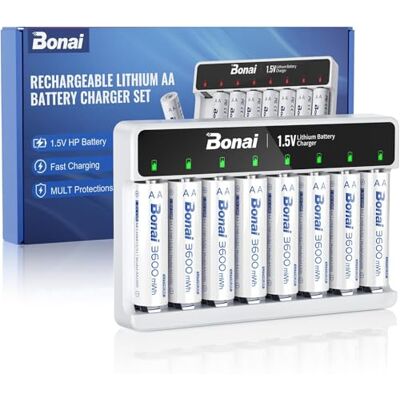 BONAI Pilhas recarregáveis AA de lítio com carregador rápido, 1,5 V, 3600 mWh, pilhas AA recarregáveis de alta capacidade para câmaras digitais, brinquedos, GPS (embalagem de 8) BONAI Pilhas recarregáveis AA de lítio com carregador rápido, 1,5 V, 3600 mWh, pilhas AA recarregáveis de alta capacidade para câmaras digitais, brinquedos, GPS (embalagem de 8)