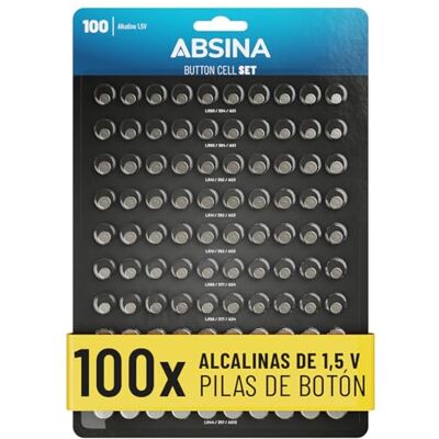 ABSINA Pack de 100 pilhas botão alcalinas 20 x AG1 LR621 / 30 x AG3 LR41 / 20x AG4 LR66 / 20x AG10 LR1130 / 10x AG13 LR44 Variedade 1,5 V à prova de fugas Conjunto de pilhas Como variadas ABSINA Pack de 100 pilhas botão alcalinas 20 x AG1 LR621 / 30 x AG3 LR41 / 20x AG4 LR66 / 20x AG10 LR1130 / 10x AG13 LR44 Variedade 1,5 V à prova de fugas Conjunto de pilhas Como variadas